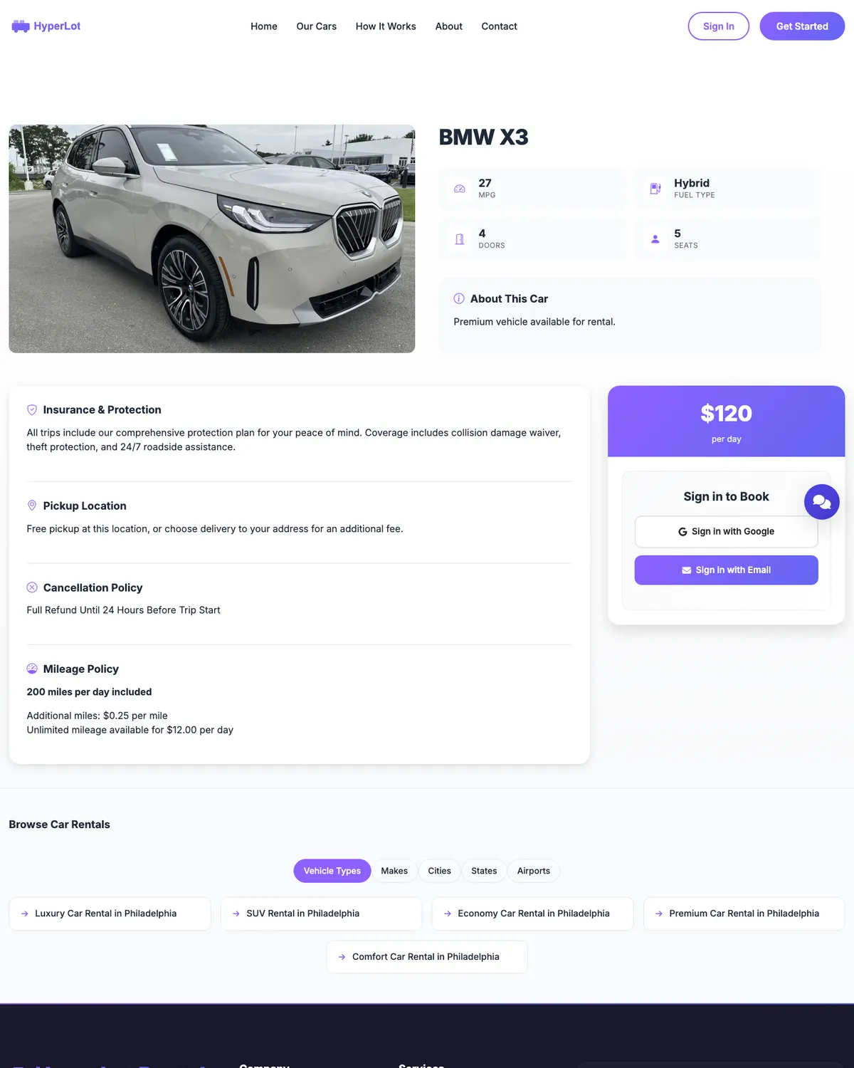 Сторінка авто з розрахунком вартості оренди